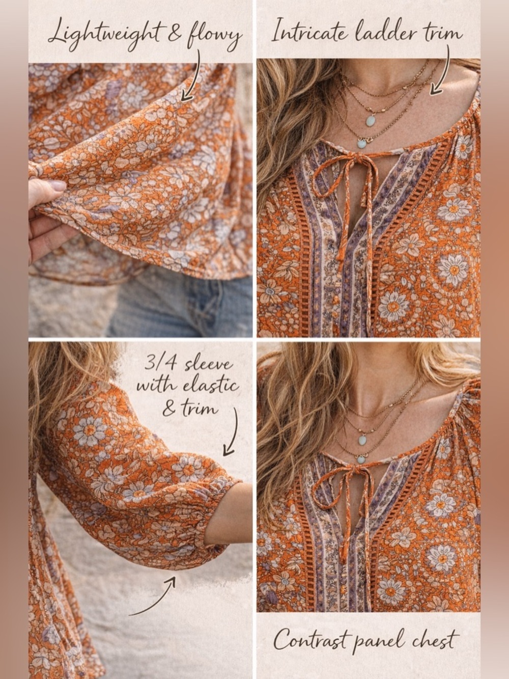Festival Ready! DR2 boho peasant blouse floral tie front flowy rayon top M - Picture 3 of 12